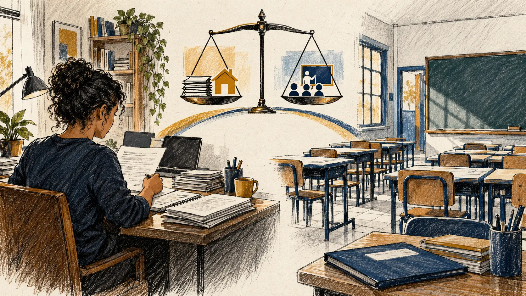 Ilustração editorial com uma professora planejando aulas em casa, uma sala de aula vazia e uma balança entre documentos individuais e interação com estudantes.