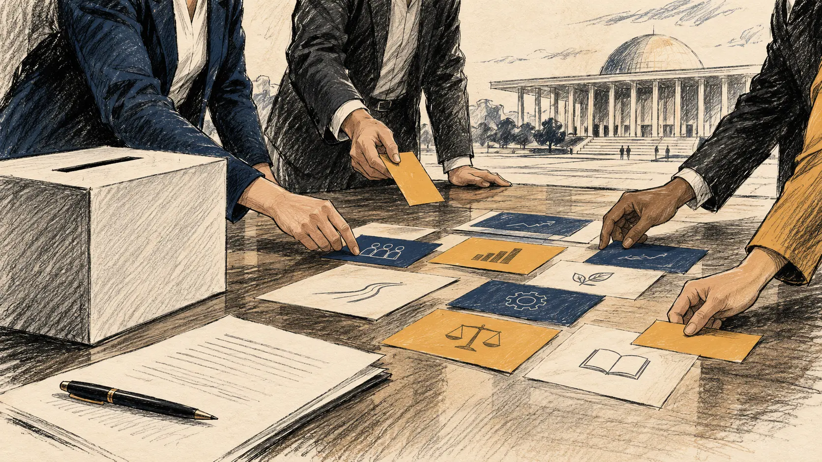 Ilustração editorial de uma mesa institucional com documento partidário sem texto legível, urna genérica e mãos organizando prioridades