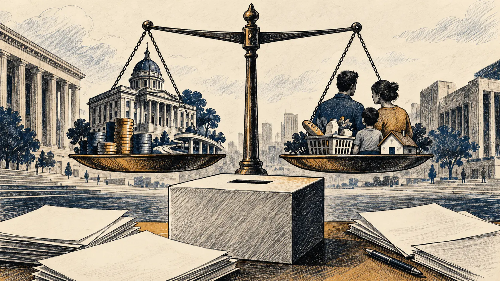 Ilustração editorial de urna fiscal, balança entre arrecadação e consumidor e edifícios institucionais