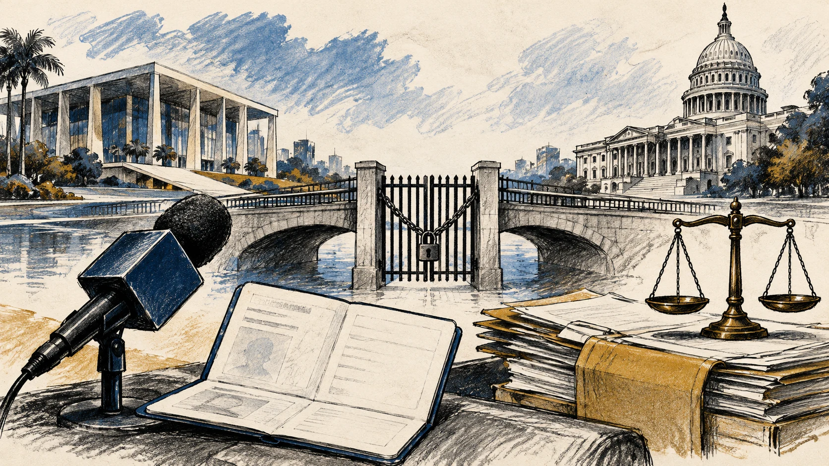 Ilustração editorial em grafite, carvão e tinta de dois edifícios institucionais ligados por uma ponte, microfone, documento sem texto legível, portão fechado e balança