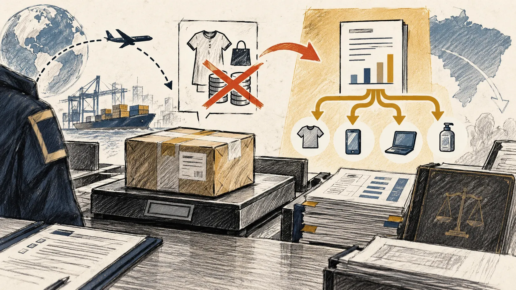 Ilustração editorial de uma encomenda internacional, documentos tributários e a distinção entre uma regra de importação e a CBS