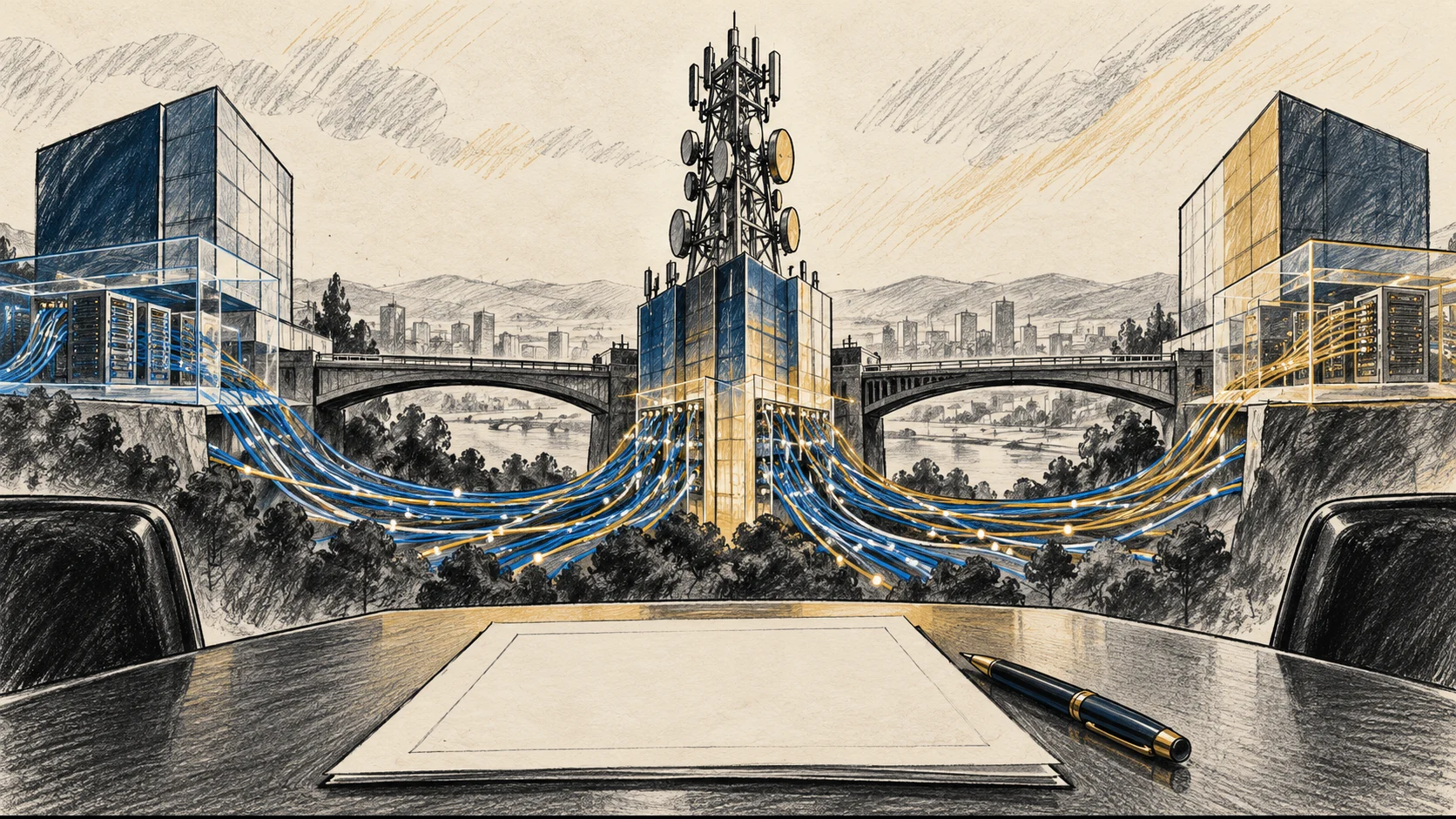 Ilustração editorial de uma torre genérica conectada por cabos de fibra a dois edifícios de infraestrutura