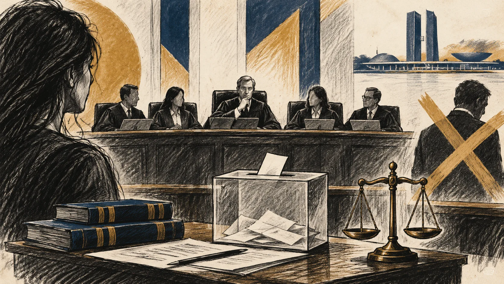 Ilustração editorial de um tribunal eleitoral genérico, uma urna, livros jurídicos e uma balança da Justiça