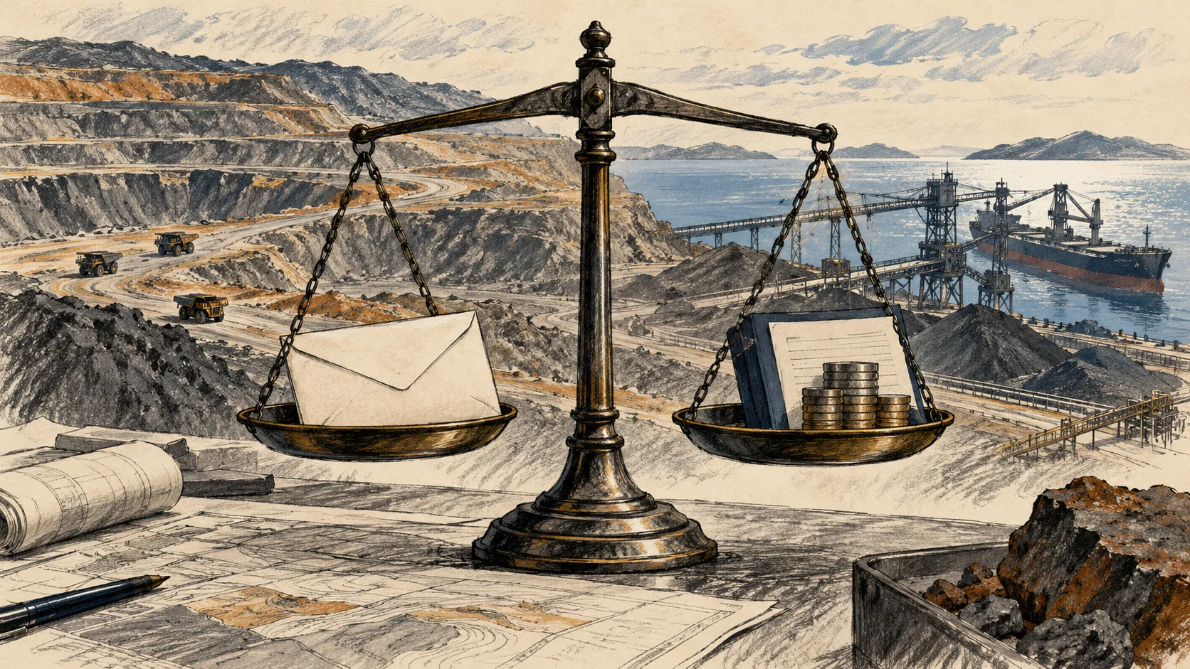 Ilustração editorial de uma mina, um navio e uma balança entre dividendos e reserva de caixa