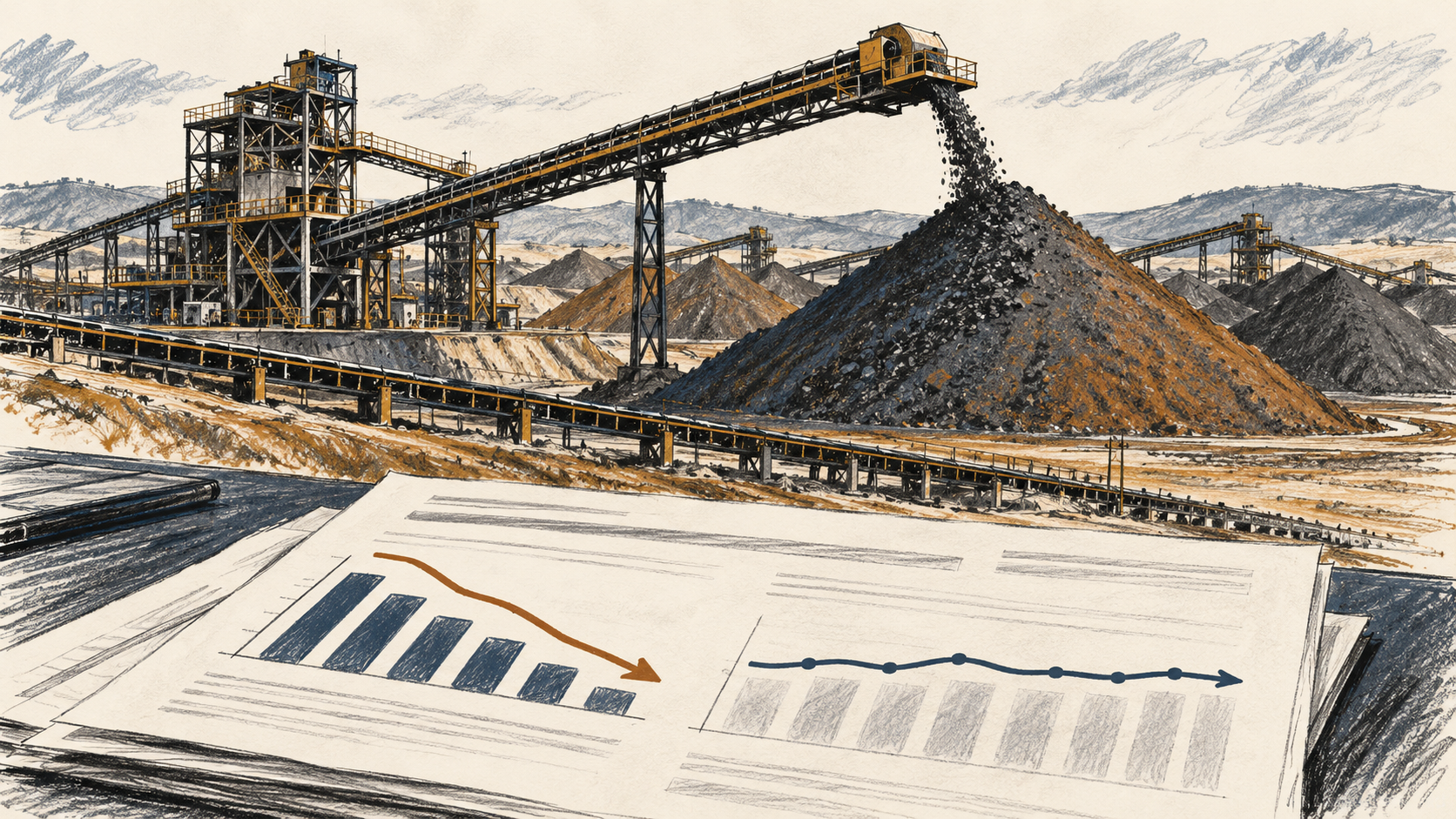 Ilustração editorial de uma planta de mineração e gráficos abstratos de resultados