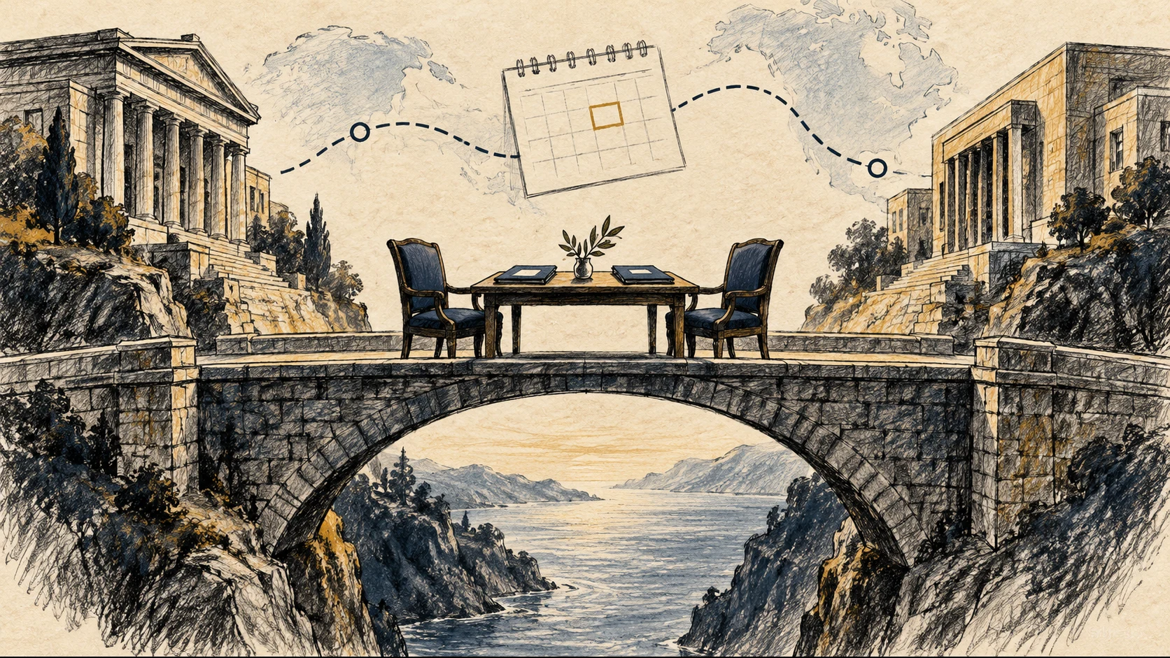 Ilustração editorial de dois edifícios institucionais ligados por uma ponte, cadeiras vazias e pastas sem texto