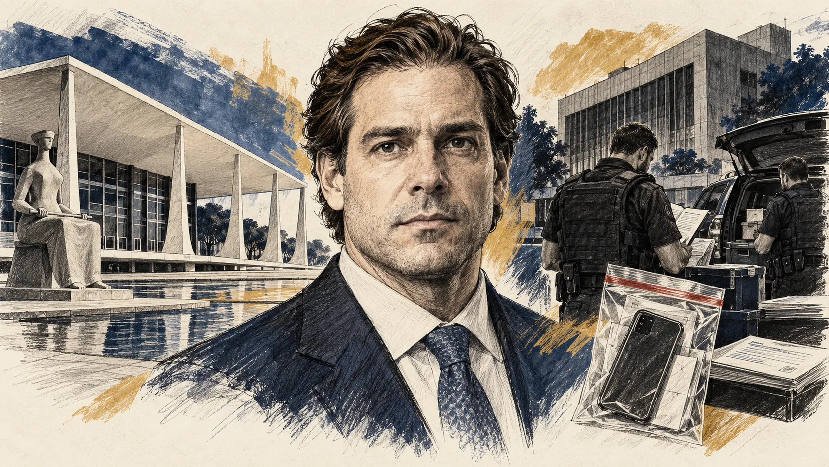 Ilustração editorial de um celular e um dispositivo de armazenamento lacrados sobre uma mesa de perícia, com instituições públicas ao fundo e etiquetas de evidência