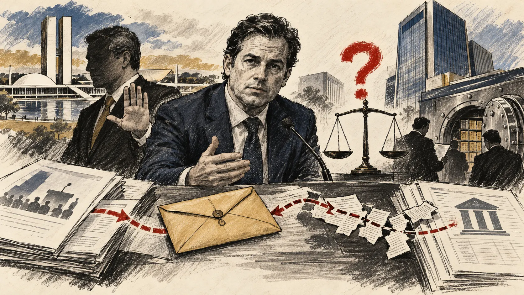 Ilustração editorial de um ex-banqueiro, um agente público, documentos eleitorais, um banco e uma investigação sobre um possível repasse